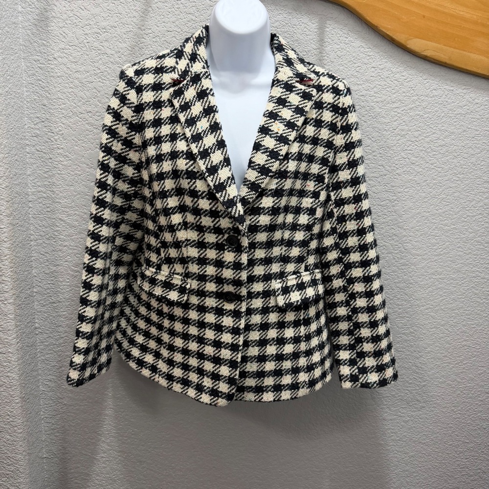 Talbots Petites Houndstooth‎ Wool Blend Tweed Blazer Pockets Lined Size 8P
